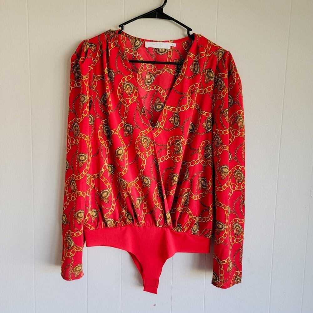 Astr Red and‎ Gold Chain Print Bodysuit